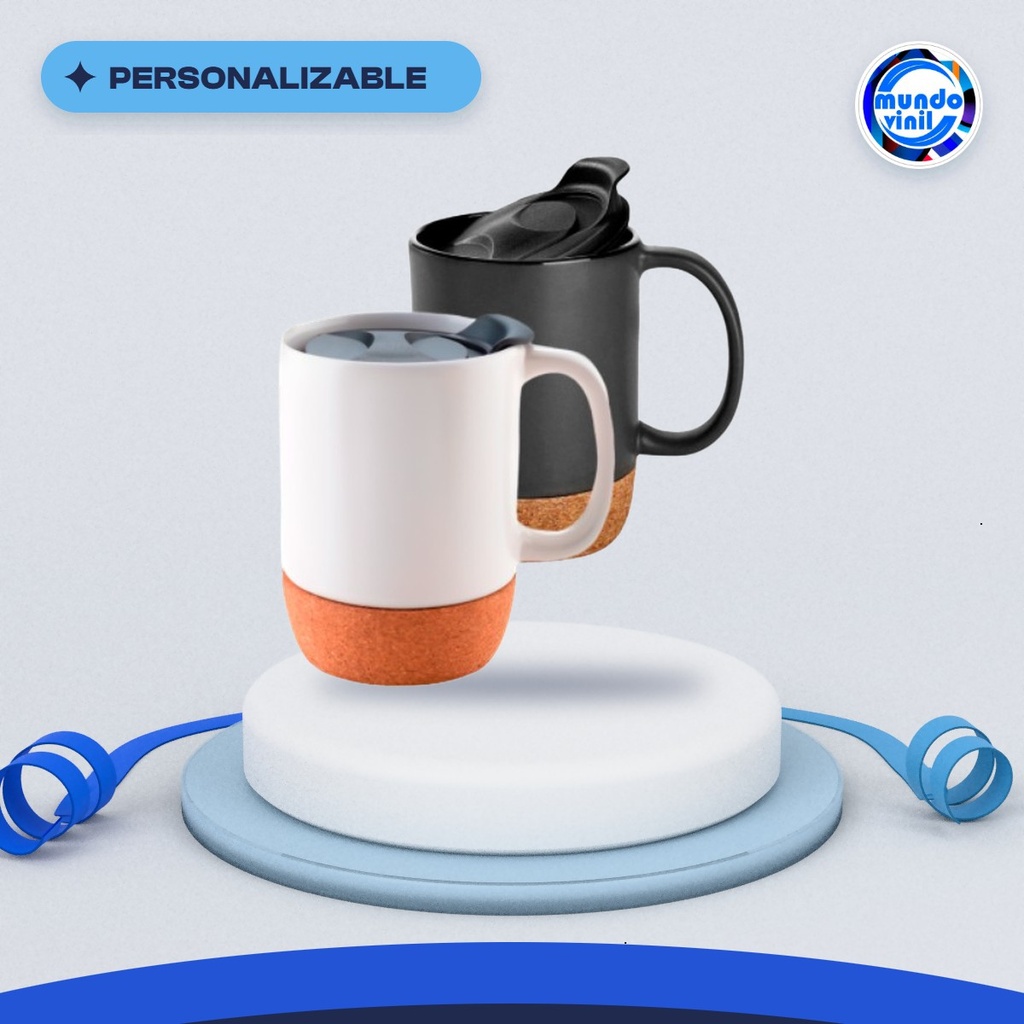 Taza con base de corcho y tapa